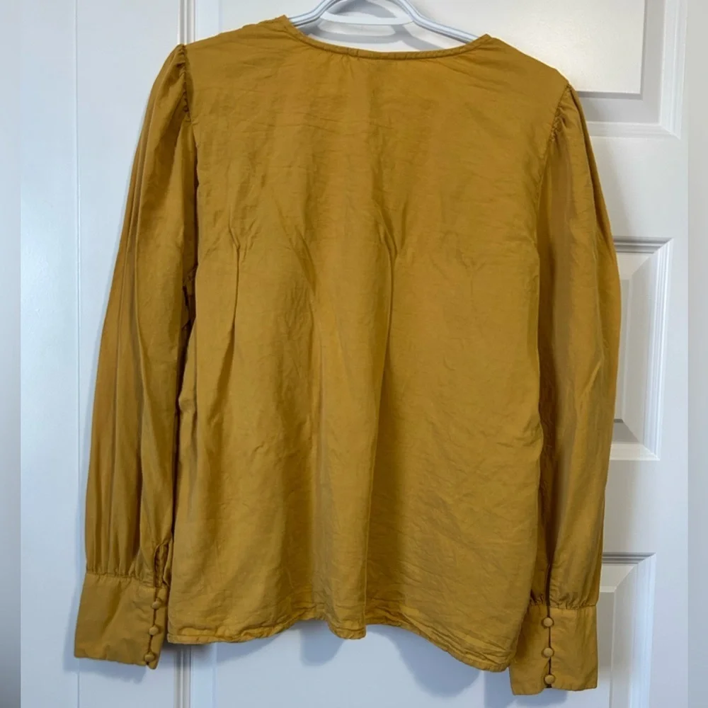 Joie Mustard Embroidered Blouse with Puff Sleeves Button Cuffs - Picture 8 of 10